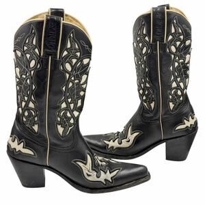 VTG SANCHOS LADIES WESTERN BOOTS FANCY BLACK WHITE 90s Y2K BOHO COWGIRL SZ 8 1/2